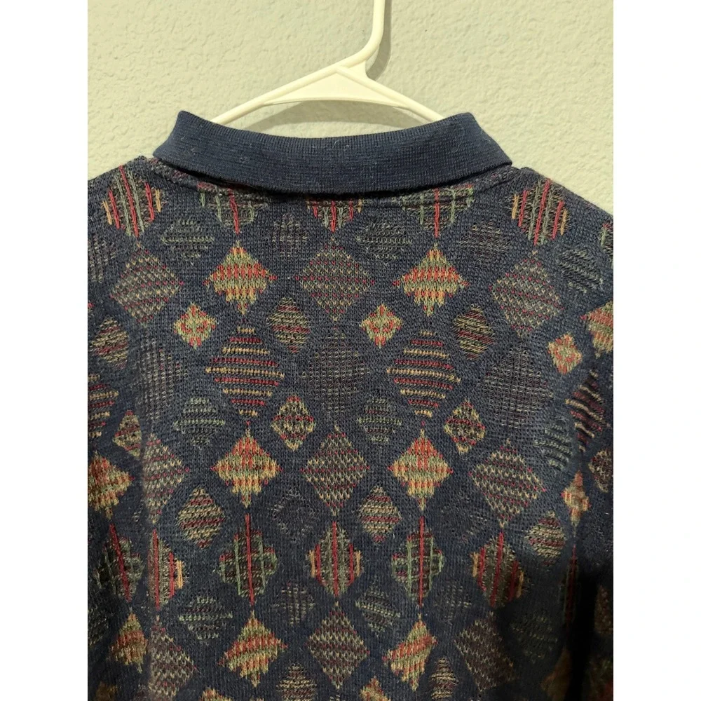 Vintage 80s The Italian Sweater Men L Wool Blend Navy Diamond Knit Polo Sweater